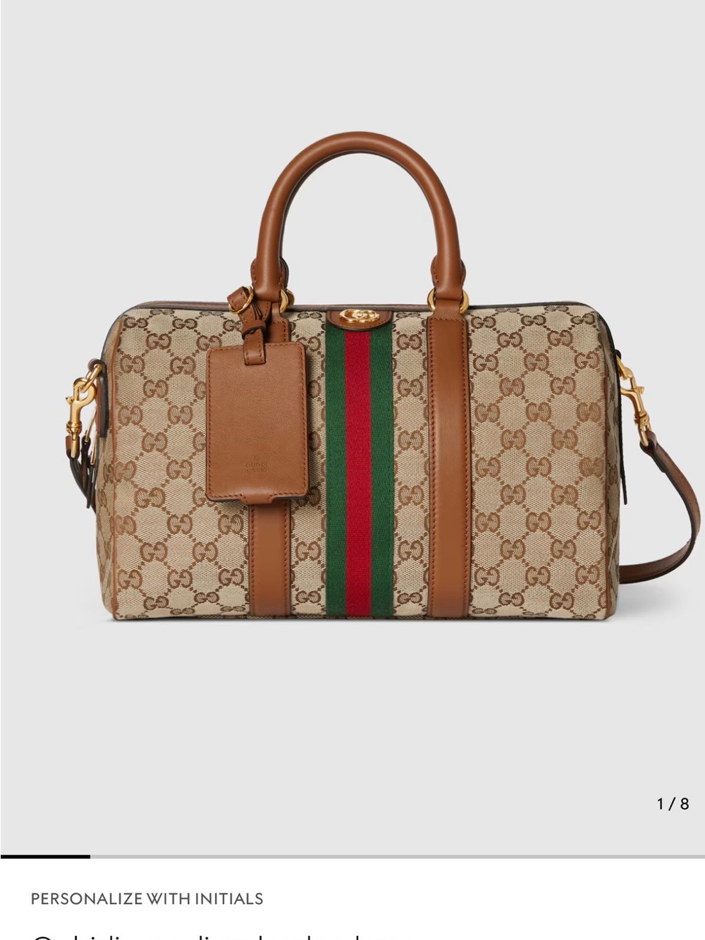 Gucci Beige GG Ophidia Boston Bag with Brown Trim and Red/Green Web